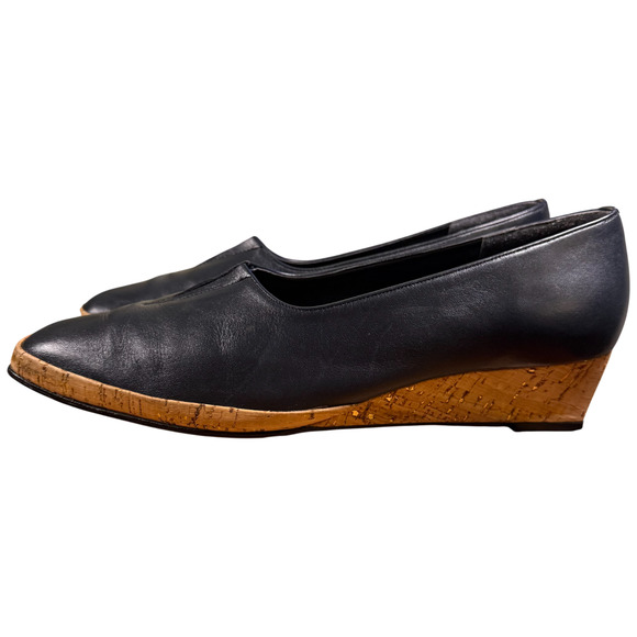 Magdesian Women's 10 Navy Leather Cork Wedge Heels Comfort Casual Italy - Picture 2 of 11